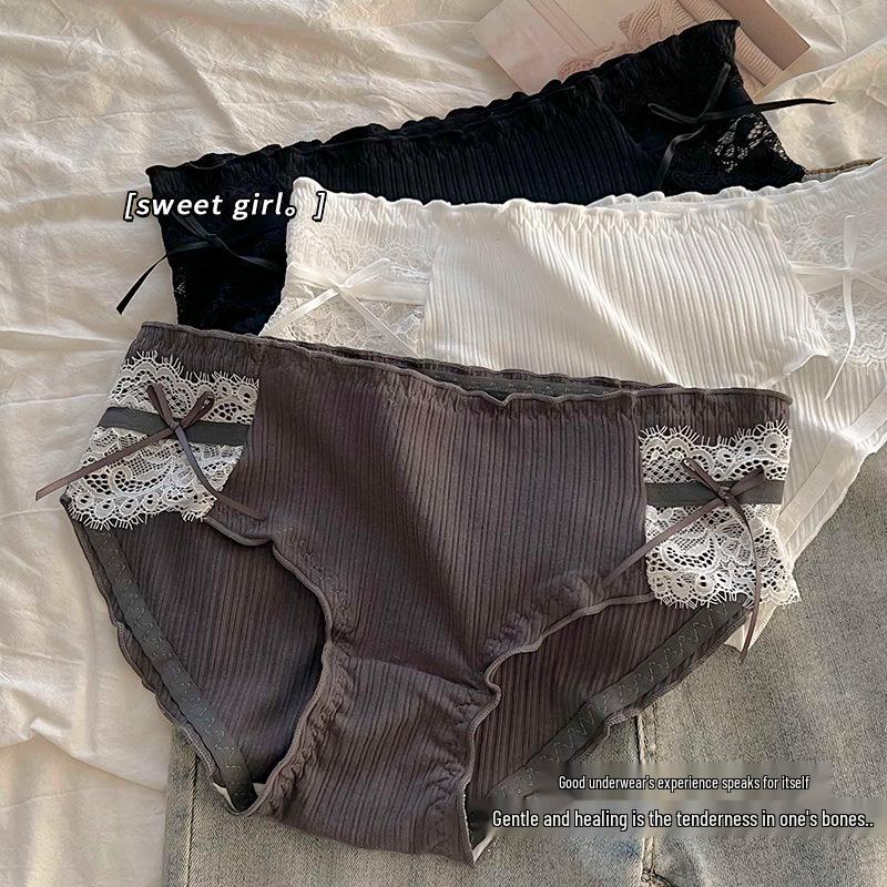 Sweet Lace Antibacterial Women's Elegant Cotton Mid-Waist Bow Briefs