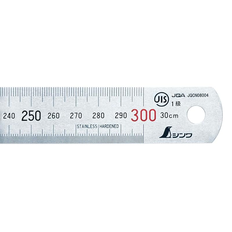 Shinwa Sokutei Stainless Steel Straight Ruler, 30cm, JIS Class 1, Red Numbers, 14028