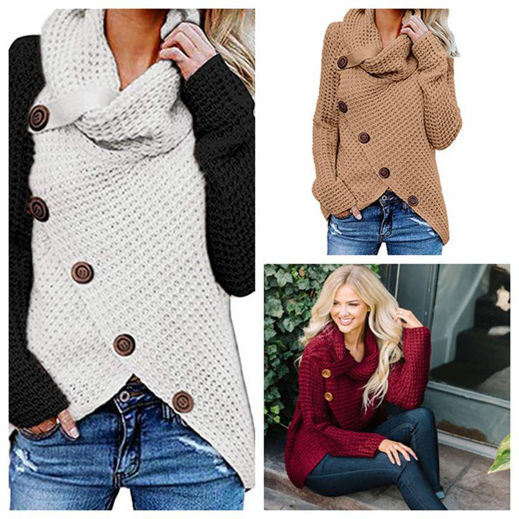 Autumn/Winter Women's Long-Sleeve Irregular Knit Color Block Button Sweater