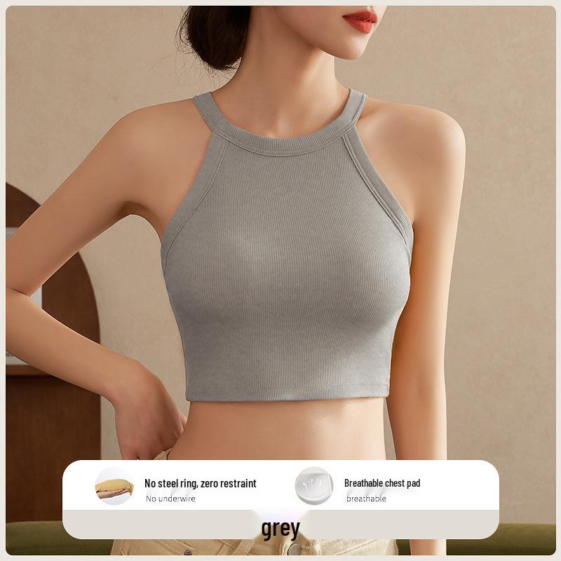 Halter Neck Sleeveless Crop Top with Chest Pads - Women's Beautiful Back Lingerie Bra & Summer Outerwear Belly-Baring White Top