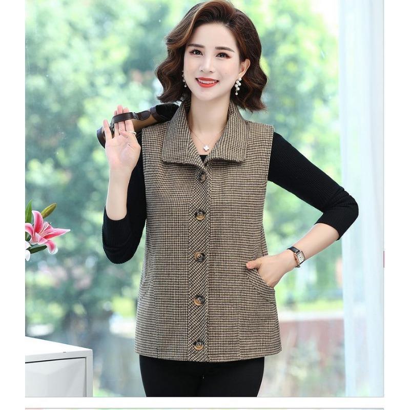 

Женский кардиган без рукавов, куртка-жилет, клетчатый, контрастного цвета, с лацканами, на пуговицах, модный повседневный топ XL коричневый