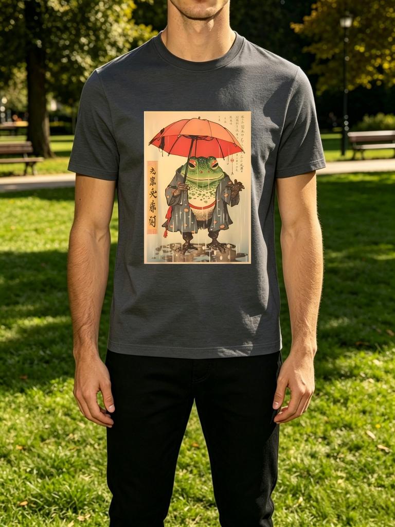 Classic Ukiyo E Rain Frog With Red Umbrella Retro Art Unisexs Crew Neck Short Sleeve Tee Casual Street Daily Soft Basic Wear Top