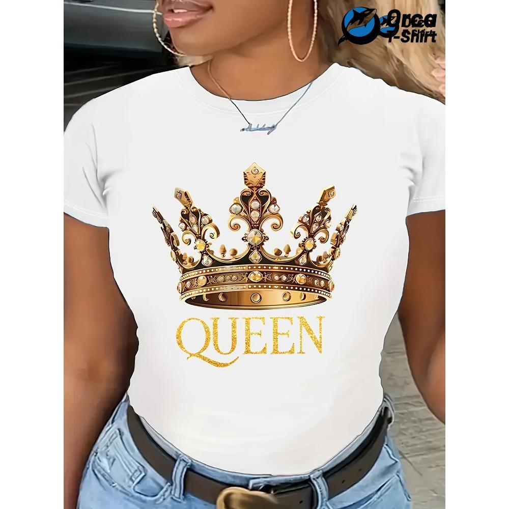 Queen's Crown Graphic Print T-Shirt - Women's Casual Round Neck Short Sleeve Fashion Top