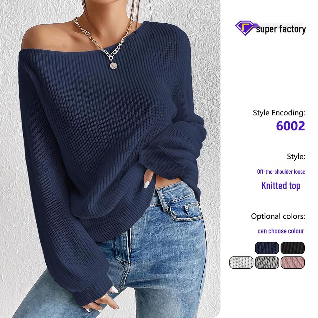 Autumn/Winter Off-Shoulder Knit Sweater - Loose Fit, Pure Color, Casual Style