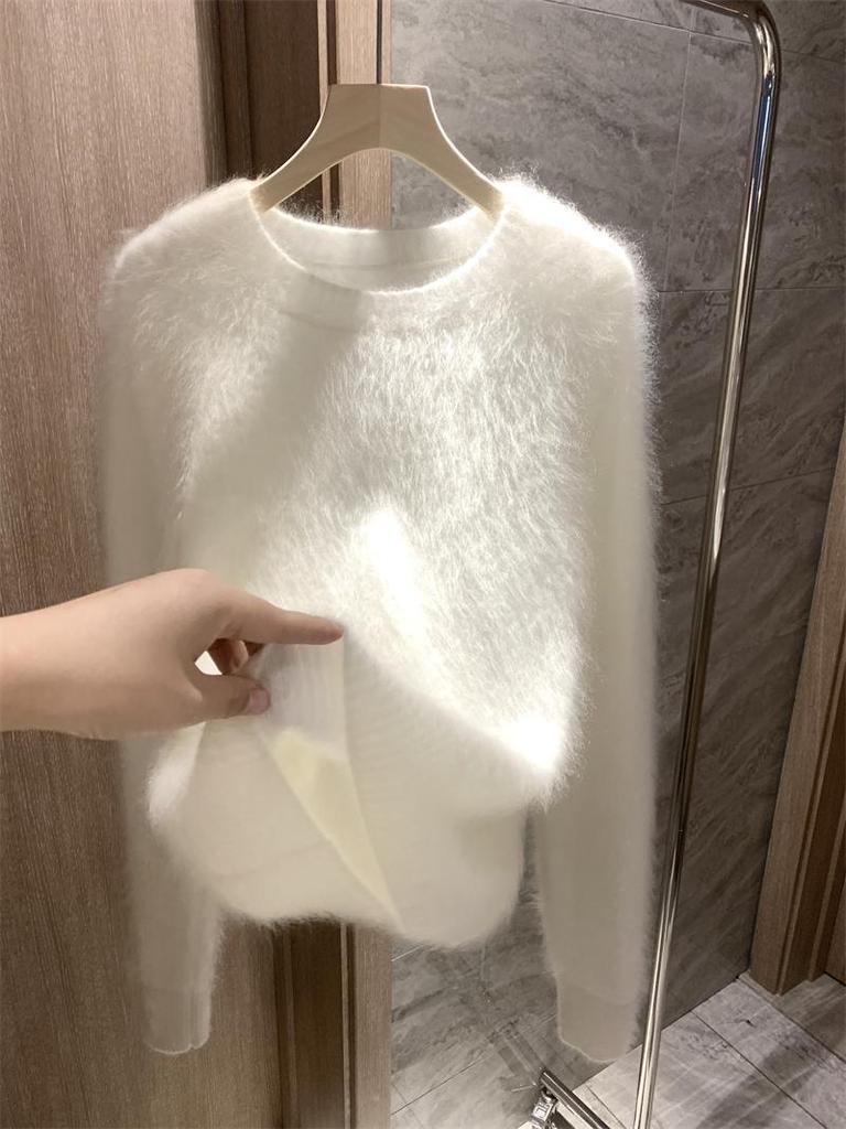 Women's Thickened White Cashmere Sweater - Pure Wool Brushed Long Hair Cardigan