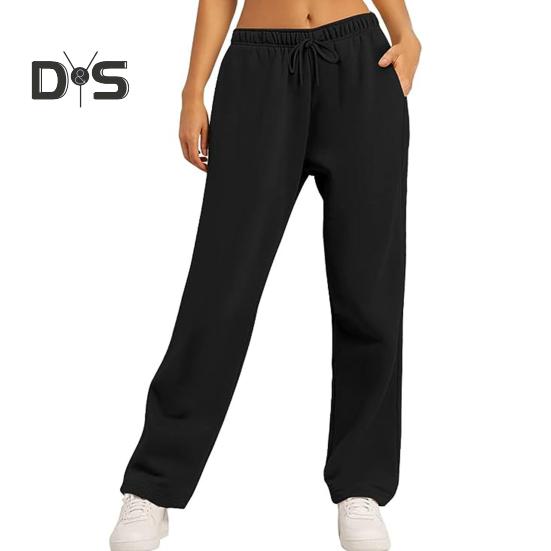 

Женские брюки средней посадки с эластичной талией, регулируемые на шнурке, длинные брюки, однотонные, прямые, широкие, осенне-зимние спортивные брюки XL чёрный