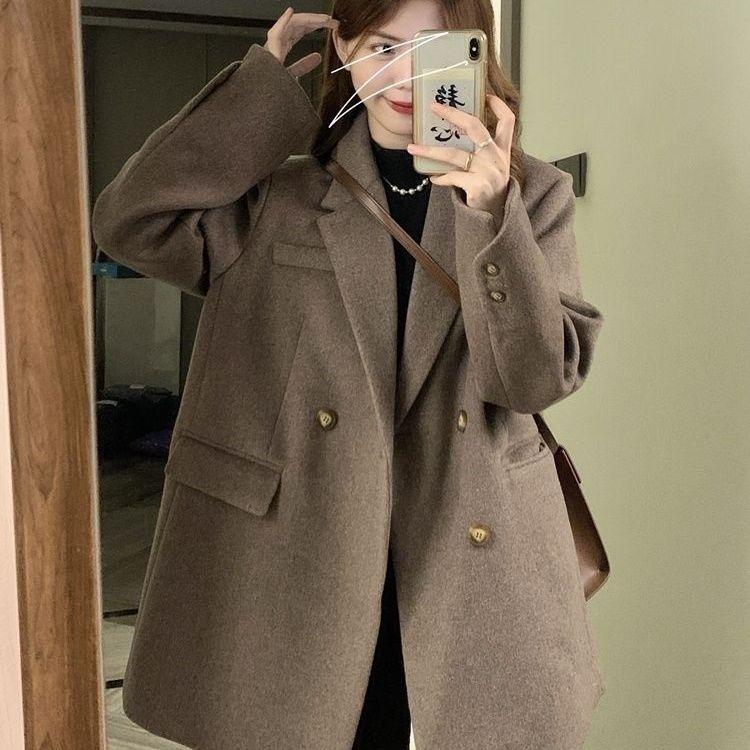 Women Office Lady Elegant Loose Retro Woolen Blazer Jacket Autumn Winter Thickened Coat Brown Korea Chic Overcoat