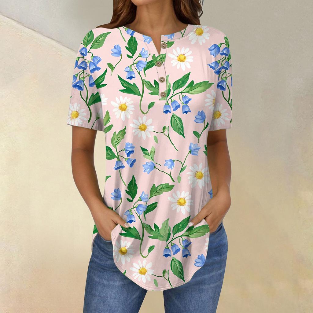 Short Sleeve Womens Tops Summer T-Shirts Floral Print V Neck Casual Basic Tee Button Shirts Tunic Tops