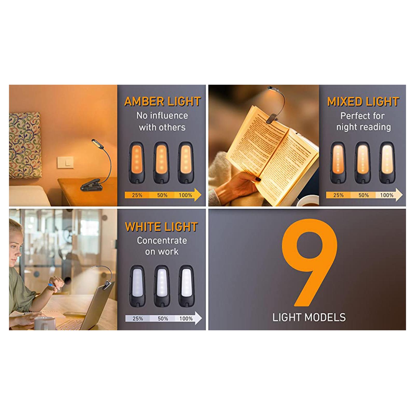 

Reading Lights for Books in Bed Portable Clip on LED USB Rechargeable Lamp Eye protection in 3 Colors & 3 Brightness чёрный