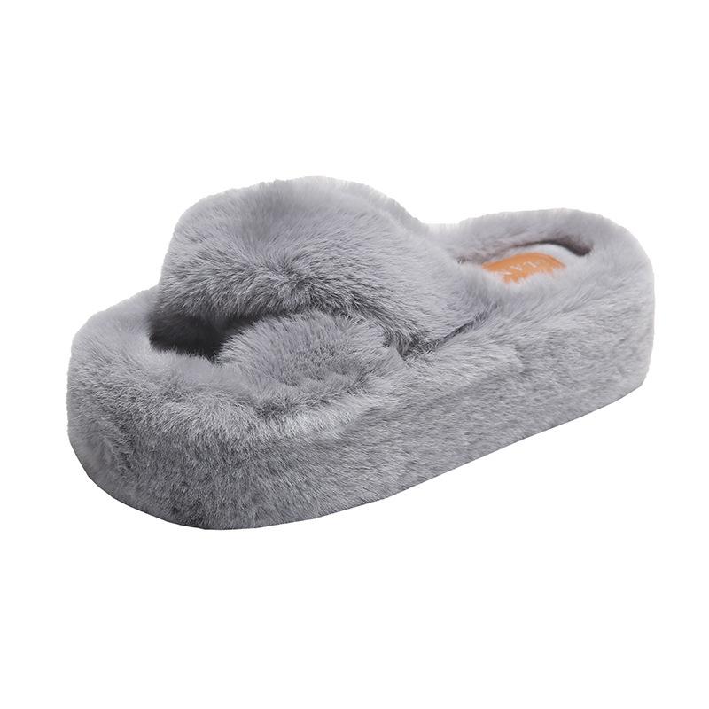 7Cm cross hairy slippers women's 2025 autumn and winter new thick-bottomed warm word lazy thickened cotton slippers women