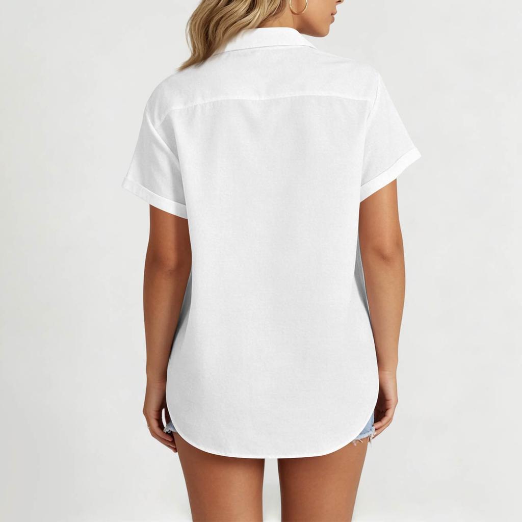 Women's Summer Short Sleeve Blouse with Collar - Color Button Up Relaxed Fit