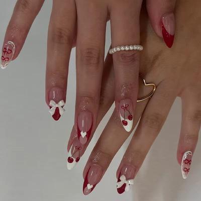 24PCS Simple Red French Stick On Nails 3D Bowknot Sweet Cherry Love Heart False Nails Wearable Almond Fake Nails for Women Girls