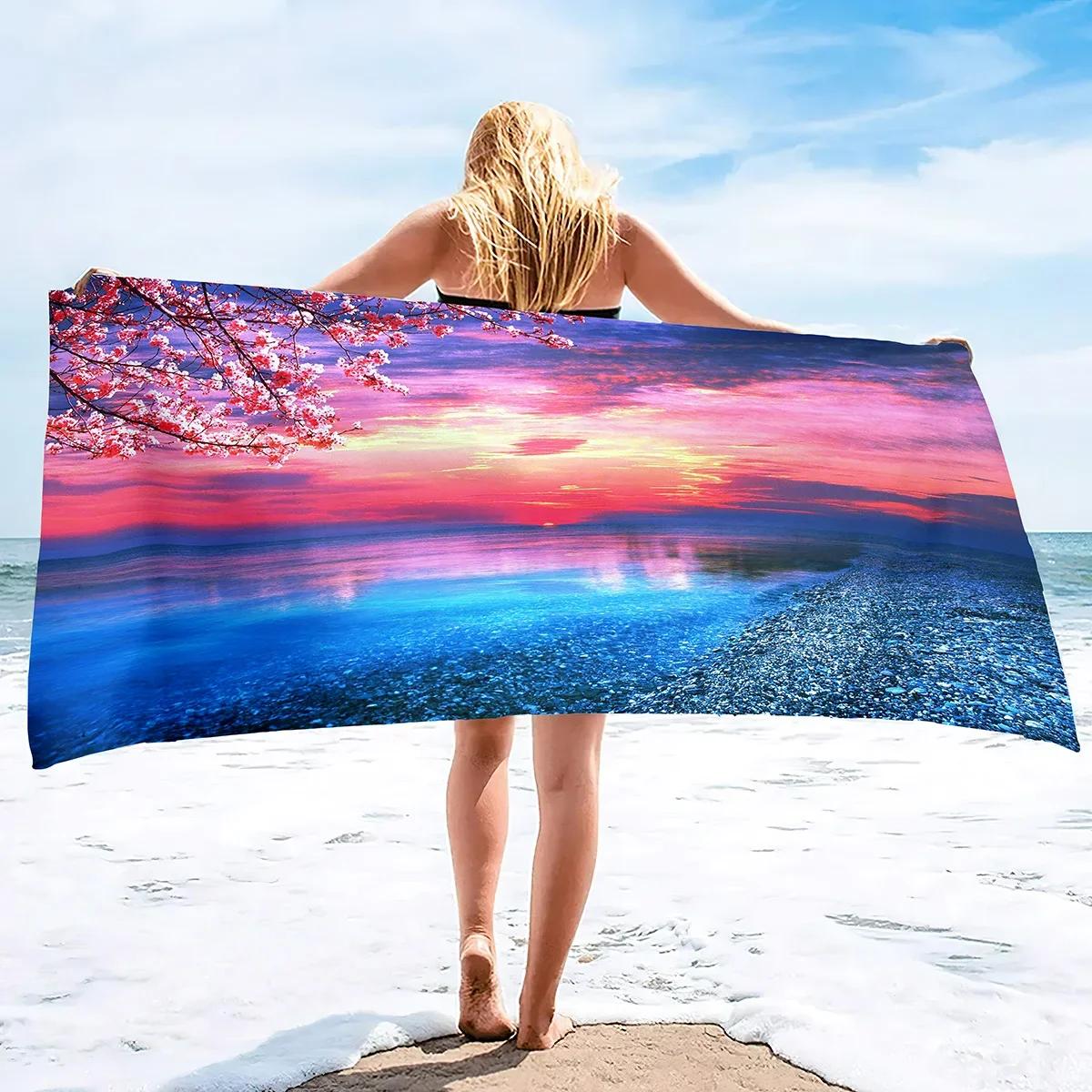 

Beach Bath Pool Absorbent Towel,Beach Seaside Sunset Beach Waves Coastal,Light Weight Washcloth Quick Dry Sand Free Pool Towels W40*H60(CM)
