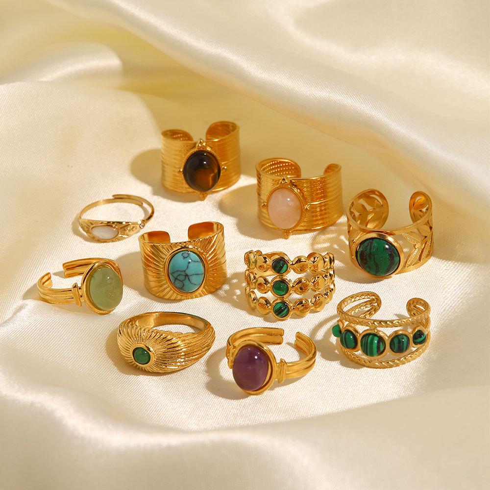 18k Gold Plated Retro Gemstone Ring - European & American Style Stainless Steel Jewelry for Women