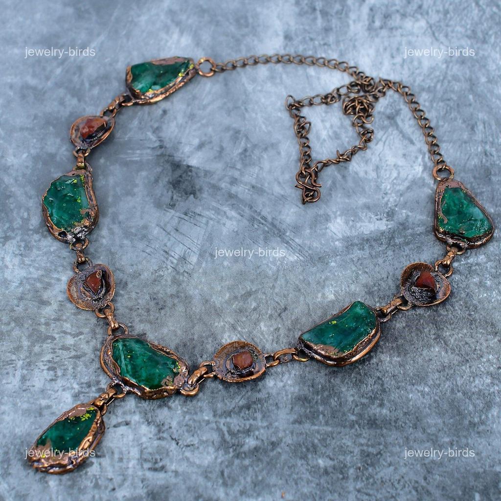 Fancy Green Tourmaline Gemstone Copper Electroformed Chain Handcrafted Necklace VP-109