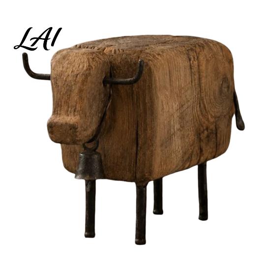 Cute Sheep Statue for Entryway Rustic Figurine with Bell Faux Wood Resin Farmhouse Lamb Statue Stable Sculpture Table Vintage Country Style Desktop
