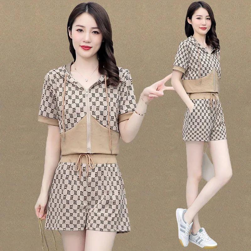 Casual Suit Women's Summer Fashion Sports Sweatshirt High Waist Shorts Slimming Two-piece Set