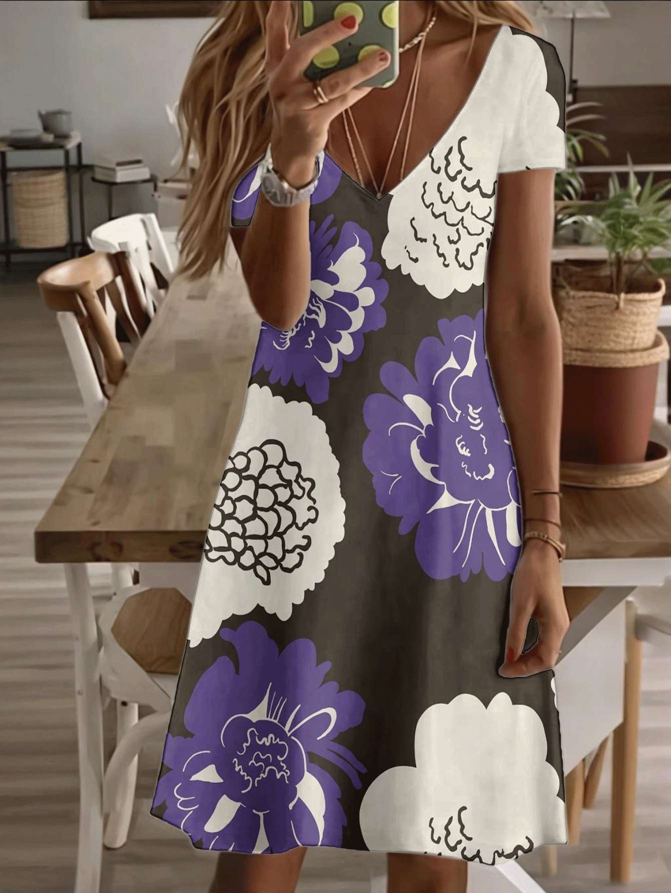 

Vneck shortsleeve midi dress purple white floral print pattern 3D premium print durable casual fashion elegant summer outfit breathable lightweight so M дубильна кора