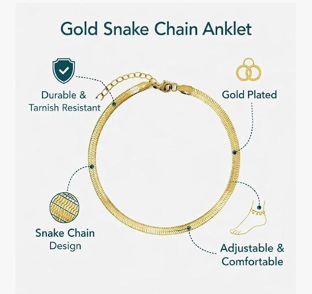 Heart Charm Anklet Silver Color Snake Chain Adjustable Gold Plated