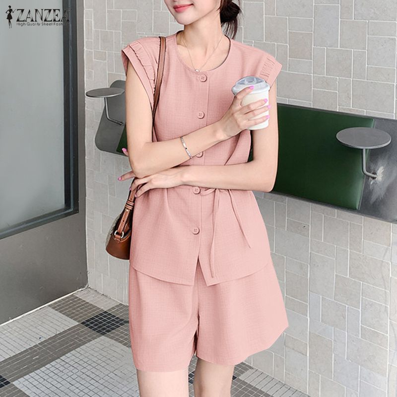 ZANZEA Women Sleeveless Tank Tops and Shorts Summer Two Piece Suit Sets