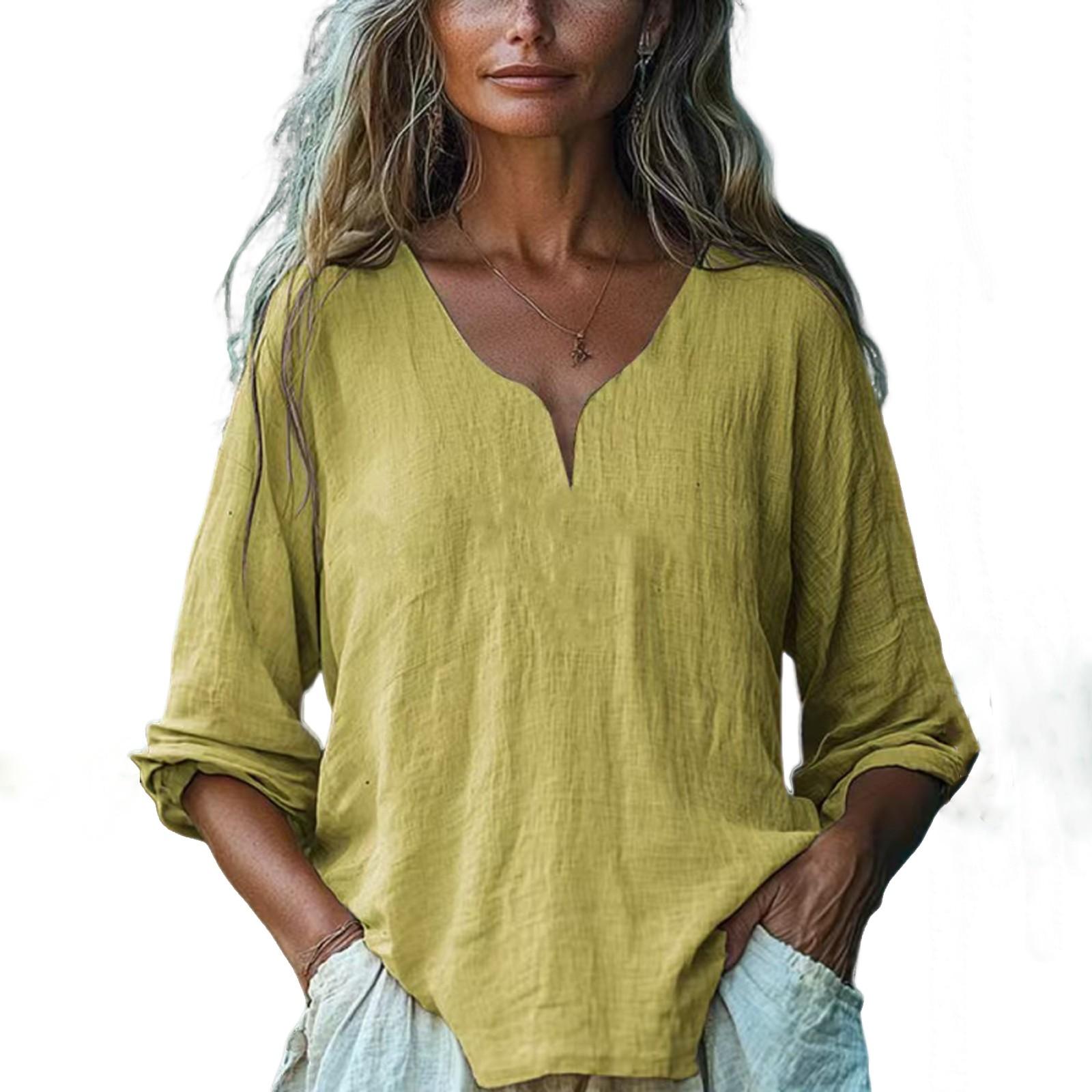 

Женский повседневный, свободный и модный топ из хлопка и льна с длинными рукавами и V-образным вырезом, однотонный XL жёлтый
