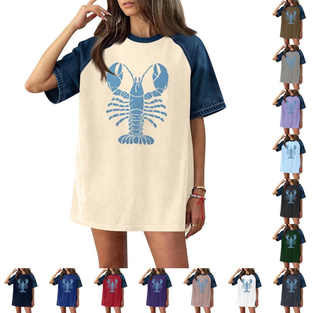Women Casual Denim Patchwork Short Sleeve T Shirt Summer Spring Fashion Comfortable Loose Fit Crew Neck Top with Lobster Print