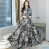 Elegant Red Rose Floral Ink Dress - Women's New Spring/Autumn Long Sleeve Vacation Outfit