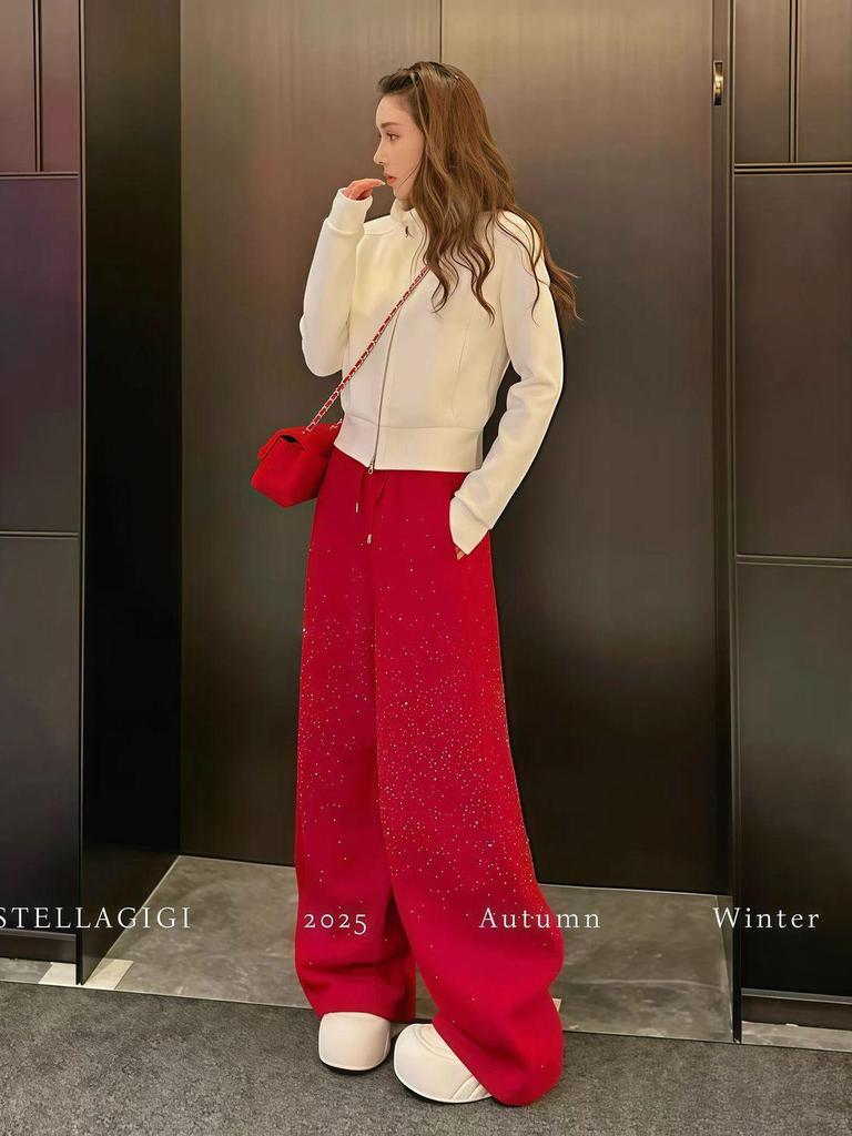 2026 Spring Red Rhinestone Baby's Breath Slimming Plus Velvet Wide Leg Cropped Pants