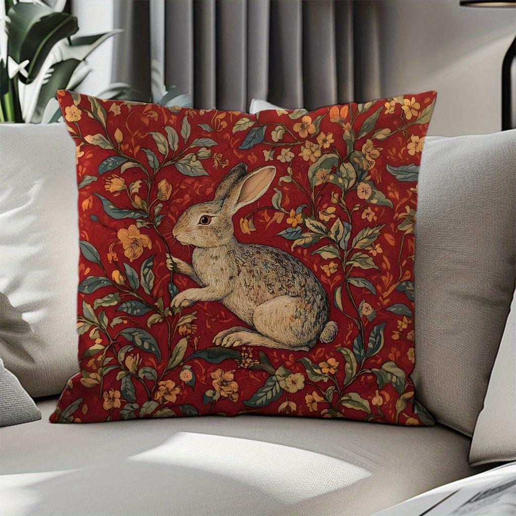 Vintage Rabbit Morris Style Throw Pillow Cover Zipper Closure Polyester, Decorative Cushion Case Room Pillowcase With Zipper