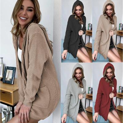2025 Damen Herbst-Winter Strick-Cardigan mit Kapuze und Taschen