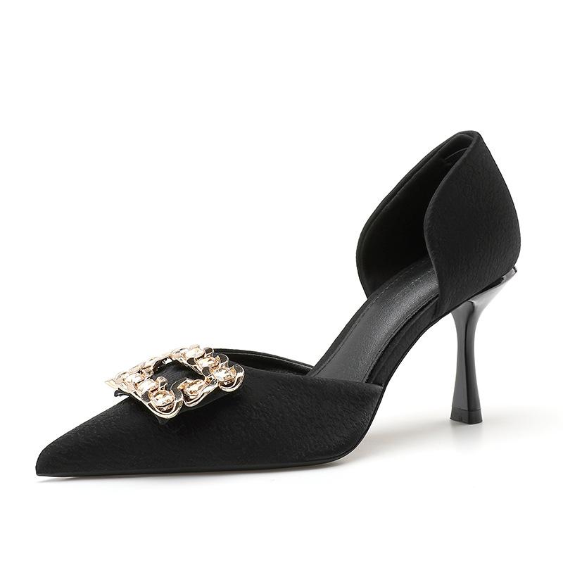 2025 New Leisure Rhinestone Square Buckle Baotou Extra Wide Hollow Sandals Pointed Head High Heel Single Shoes Women