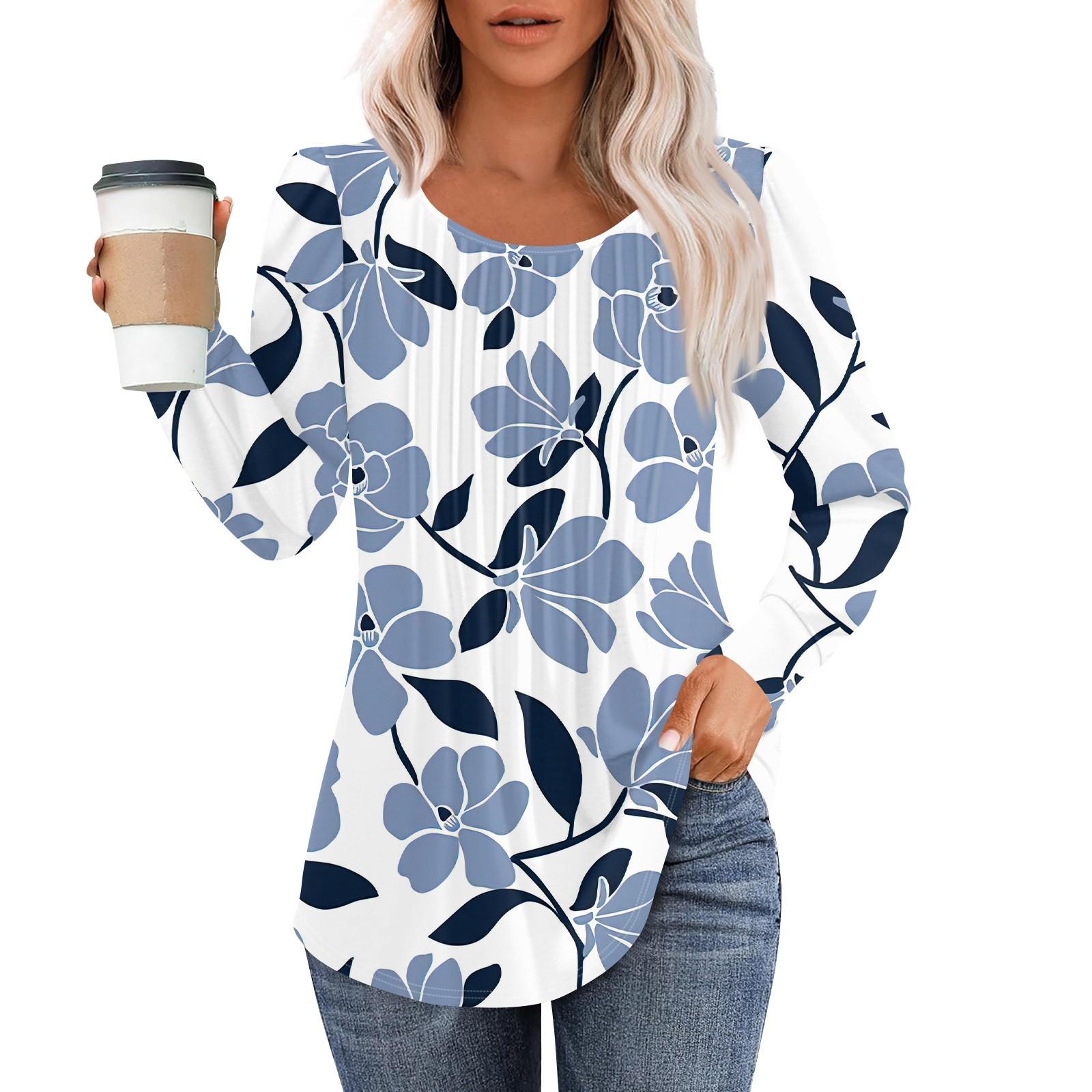 

Женские повседневные топы с цветочным принтом, плиссированной футболкой с круглым вырезом и длинными рукавами M синий