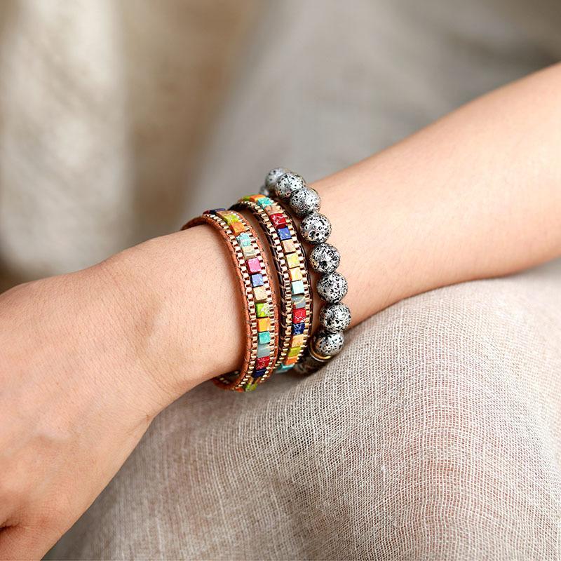 BLINGBAY Dámský náramek Nový přírodní císařský kámen Řetízek Ručně tkaný náramek Evropský a americký kožený náramek Dívčí párty Narozeninové šperky Dárek