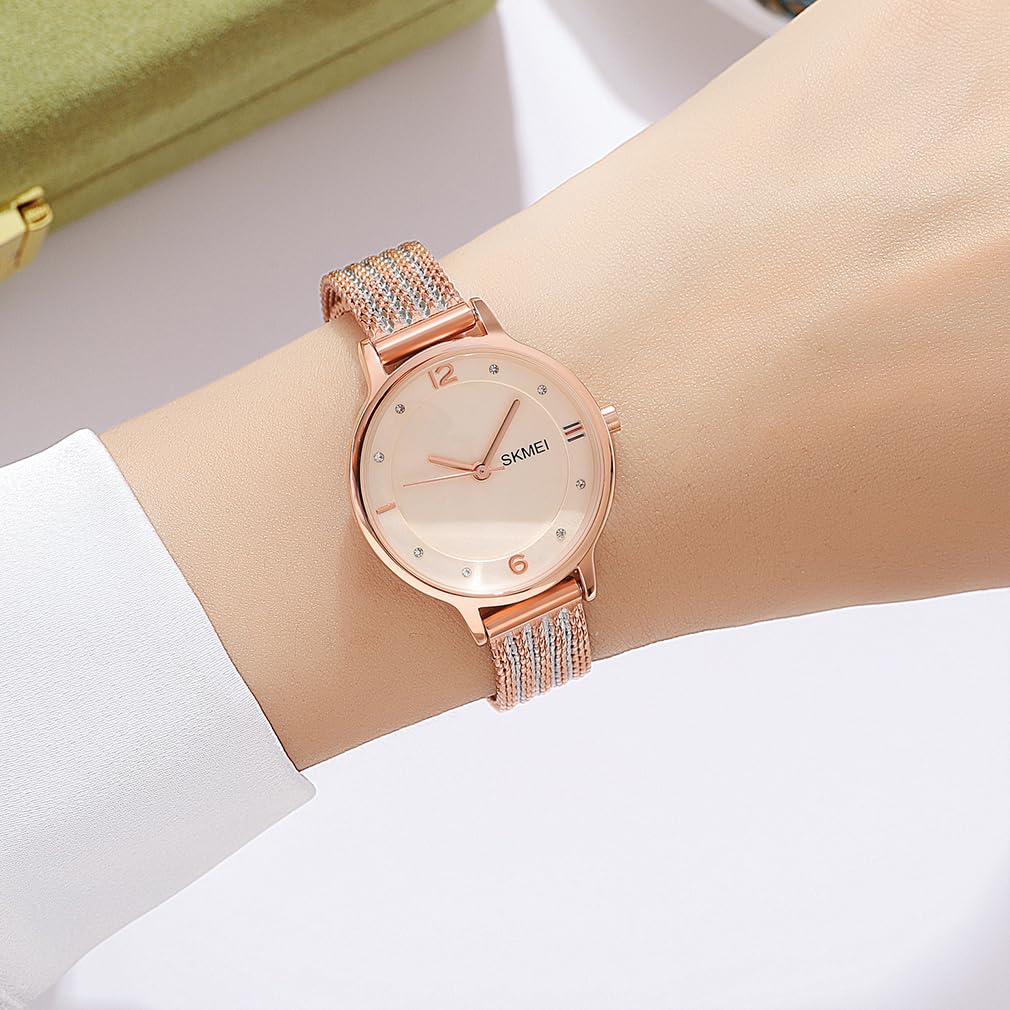 SKMEI Quartz Mesh Stainless Rose Watch Women's Wristwatch, Simple, Ultra-Thin Movement, Stylish, Waterproof, Business, Strap, Steel, White, Gold,
