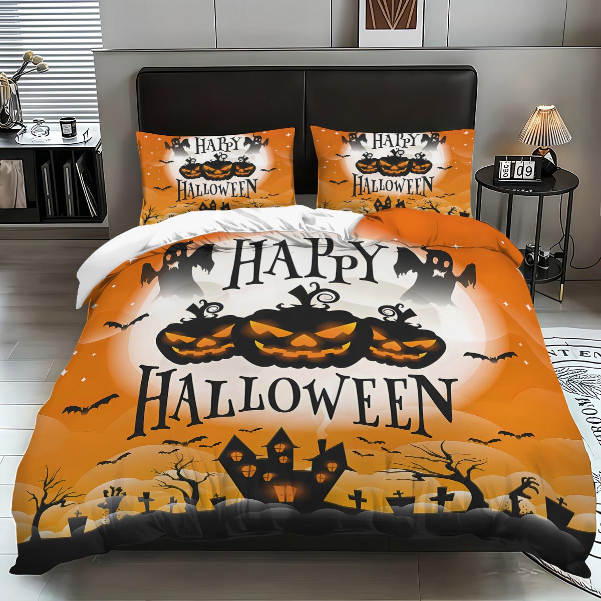 

3-piece Halloween themed pumpkin, castle pattern, 1 quill cover+2 pillowcases, coreless, soft and comfortable bedding set 135x200cm-EU-Single&set