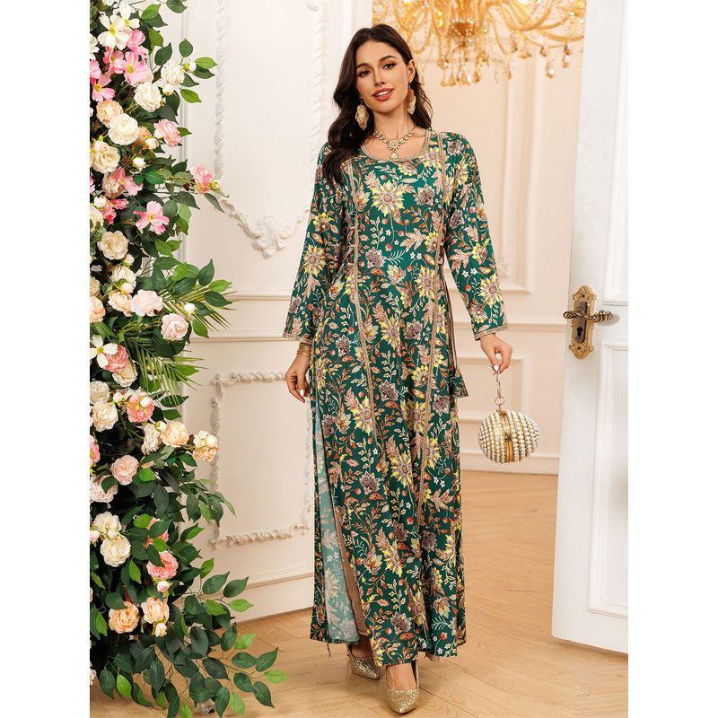 Middle East Cross-Border Women clothes Fashion Print Robe Dubai Women Diamond Waist Lace-up Waist Hugging Dress Dress