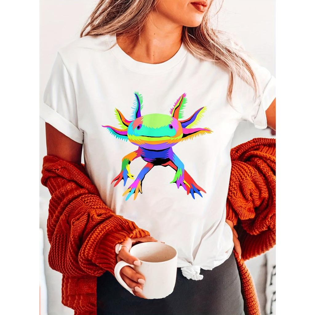 Axolotl Print Crew Neck T-shirt, Short Sleeve Casual Top for Summer & Spring
