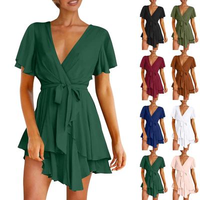 Women's Fashion Casual Solid Color Short Sleeve V-Neck Loose Waist Ruffle Dress