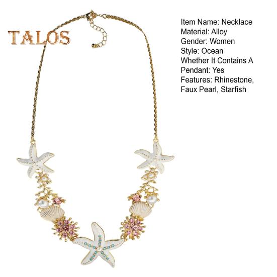 Exaggerated Women Necklace Ocean Theme Starfish Coral Shell Hollow Out Faux Pearl Rhinestone Decor Adjustable Length Lady Vacation Beach Neck Jewelry