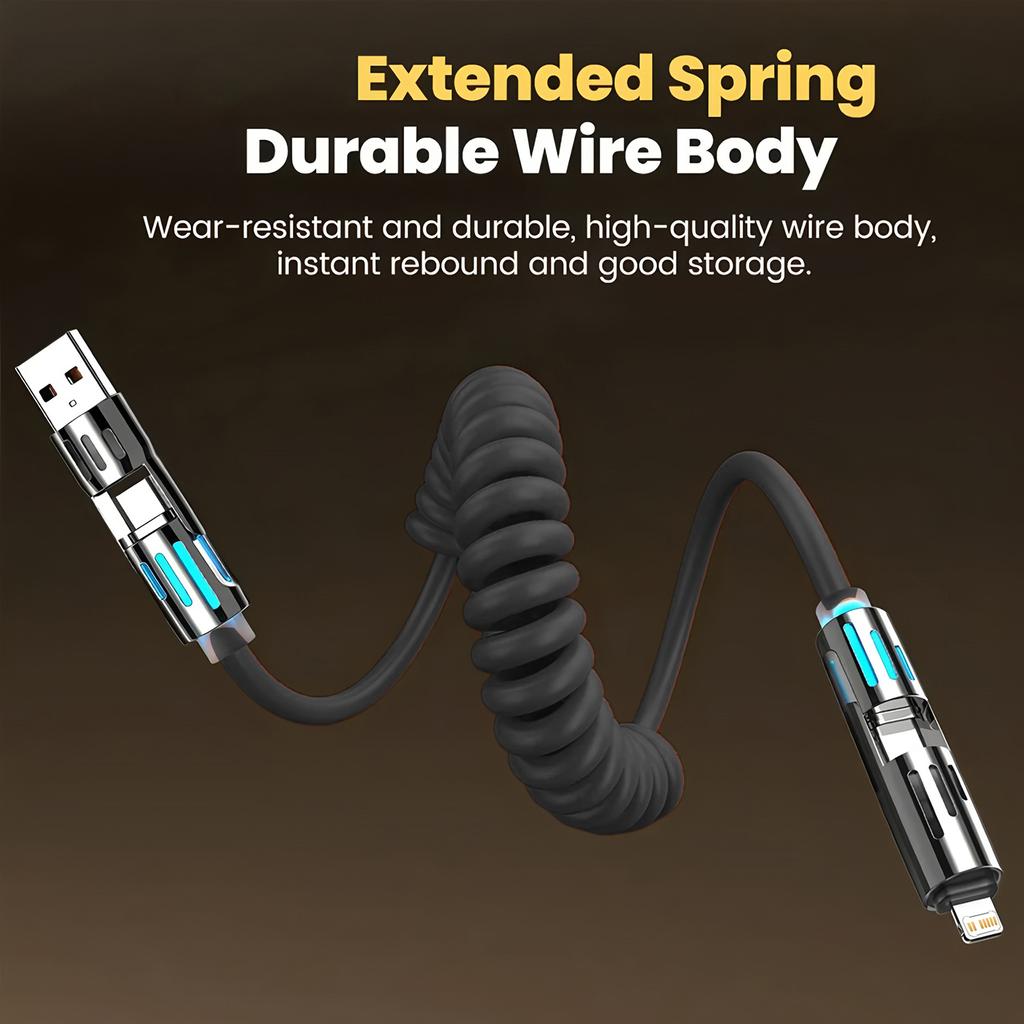 240W Coiled 4 In 1 Fast Charging Cable,USB A/C To USB C/L,Multi Functiona Retractable Cord for iPhone 17/16,Samsung Galaxy S25