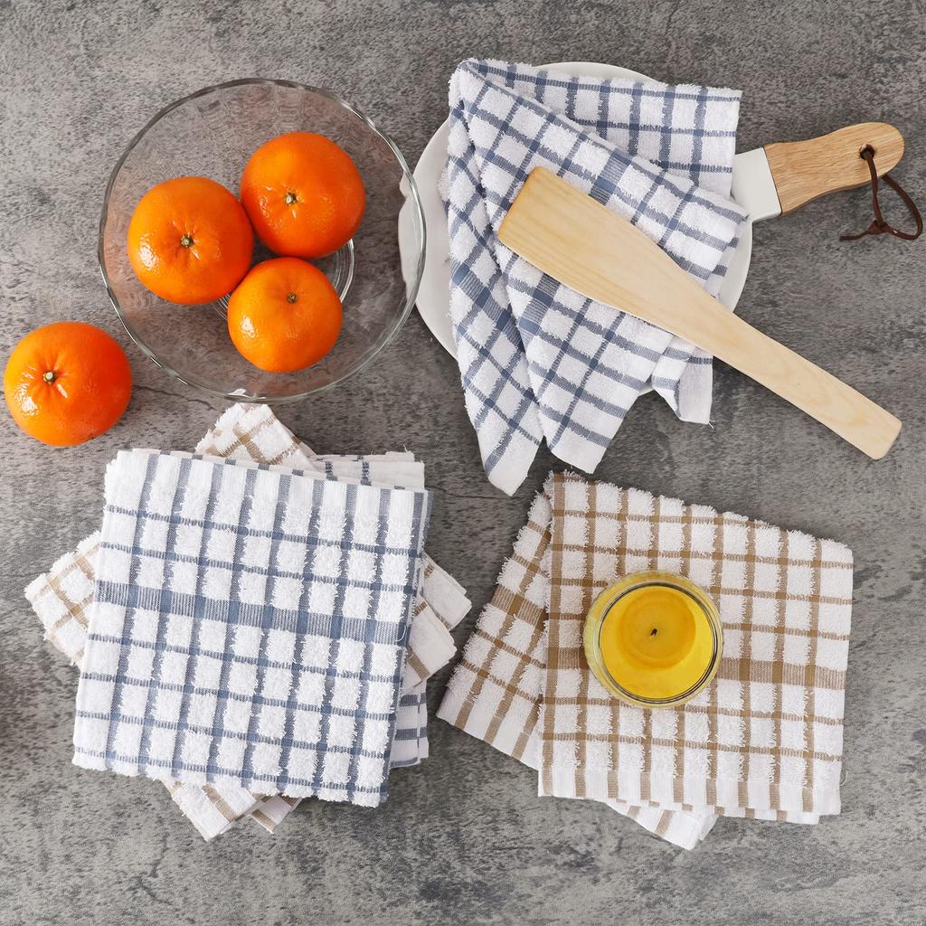 Cotton Kitchen Towels Set of 6 12.5 x 12.5 Inch Terry Grid Dish Cloths Soft Absorbent Quick-Drying Reusable Cleaning Towels for Everyday Kitchen Use