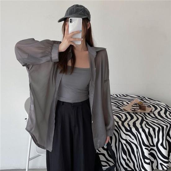Opalovací krém Outwear Jednobarevné Univerzální Knoflíky Placket Ženy Plážový styl Šifon Top Šátek Dámské oblečení