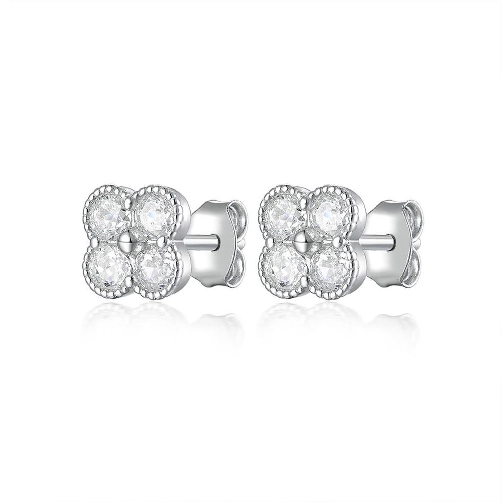 S925 Four-Leaf Clover Stud Earrings with High-Quality Diamond Inlay - Elegant and Versatile Design