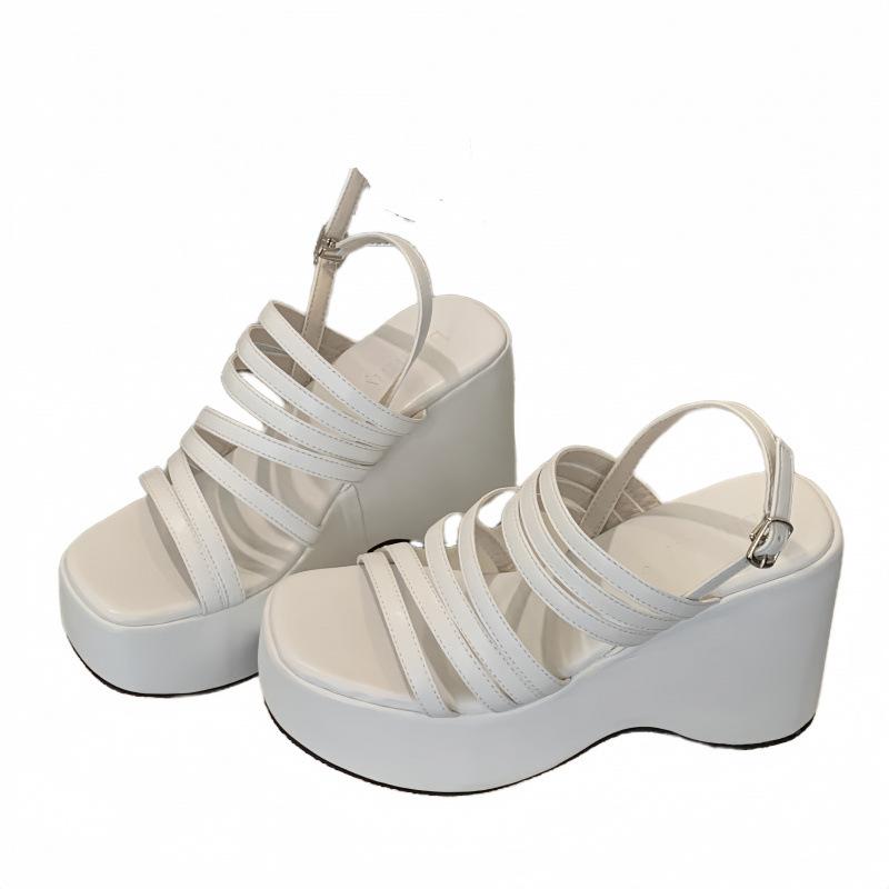 Height increase 10cm waterproof table 2025 summer new thick-soled heel high muffin thin strap black versatile silver wedge heel sandals