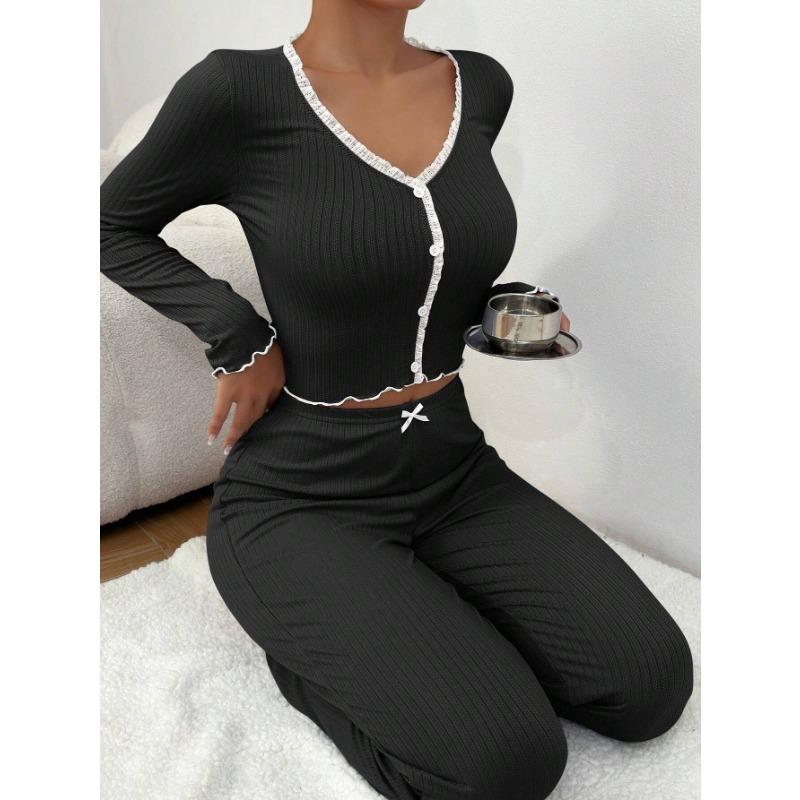 Women Sexy Slim Lace Trim Long Sleeve Long Pants Pajama Set Home Loungewear
