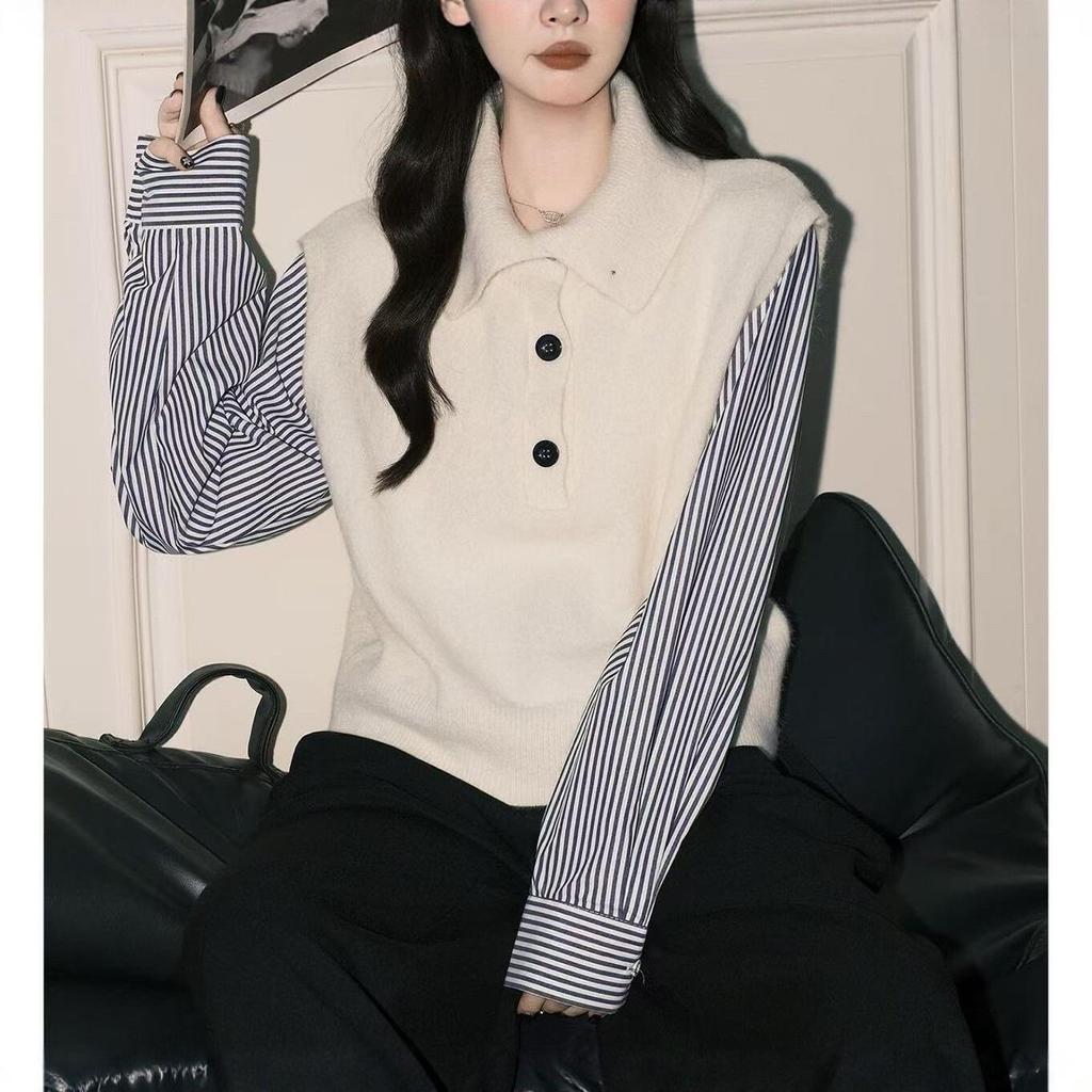 Lapel Patchwork Knit Sweater Shirt, 2026 Fashion Women's Autumn/Winter Top