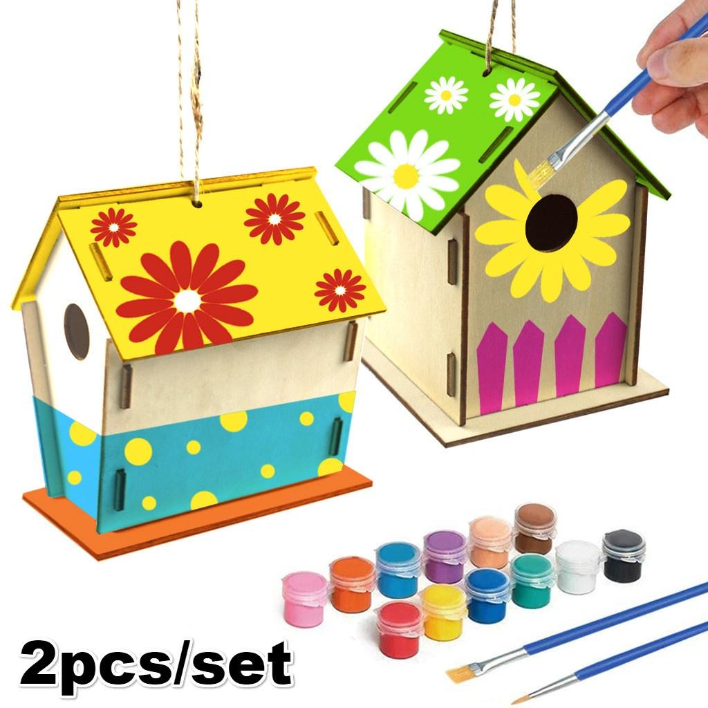 

2pcs,set Wooden Home Decoration DIY Handmade Painted Bird House Roof Indoor Indoor Pendant Crafts