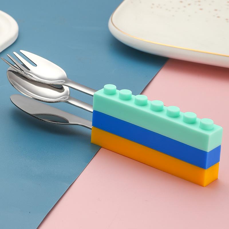 3 sztuki DIY Kolorowe klocki budowlane Spliced widelce łyżki zastawa stołowa Student sałatka zestaw stołowy pasuje do narzędzi kuchennych