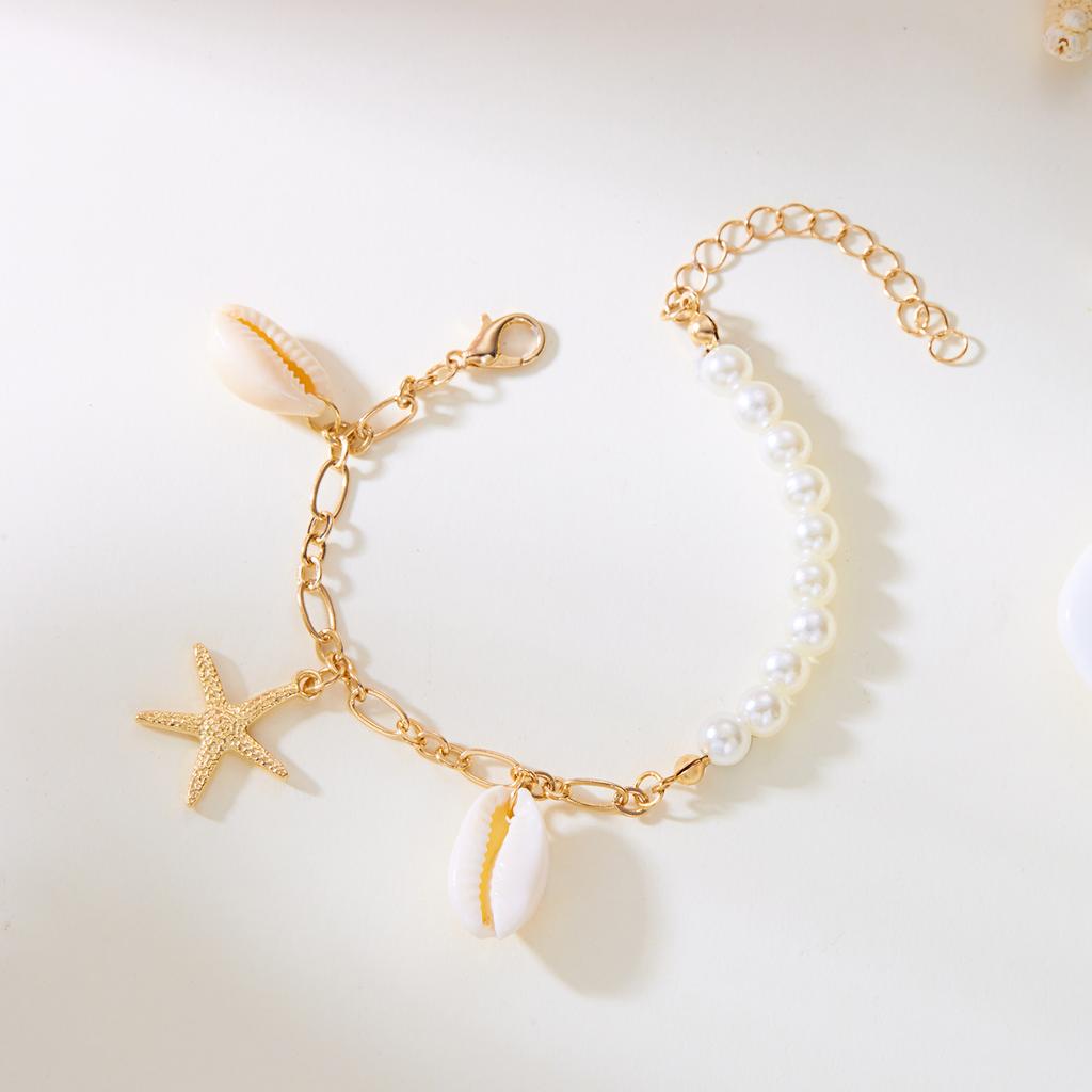 Boho Imitation Pearl Cowrie Shell Bracelet For Women Gold Color Starfish Charm Chain Bangle Summer Beach Vacation Jewelry Gift