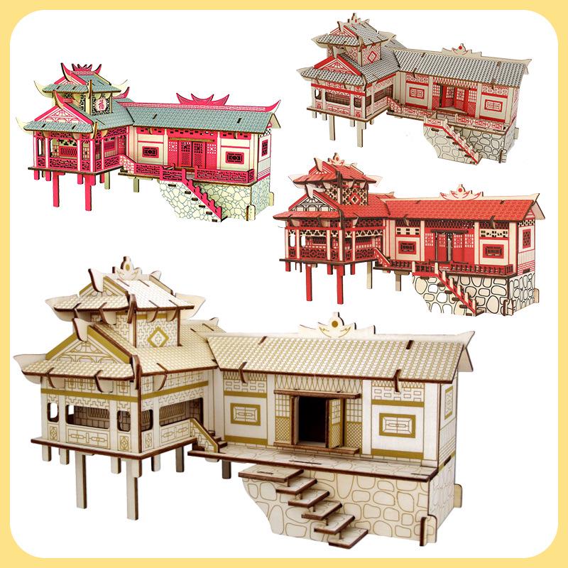 Diaojiaolou 3D Wooden Jigsaw Puzzle - Handmade DIY Educational Building Blocks for Kids.